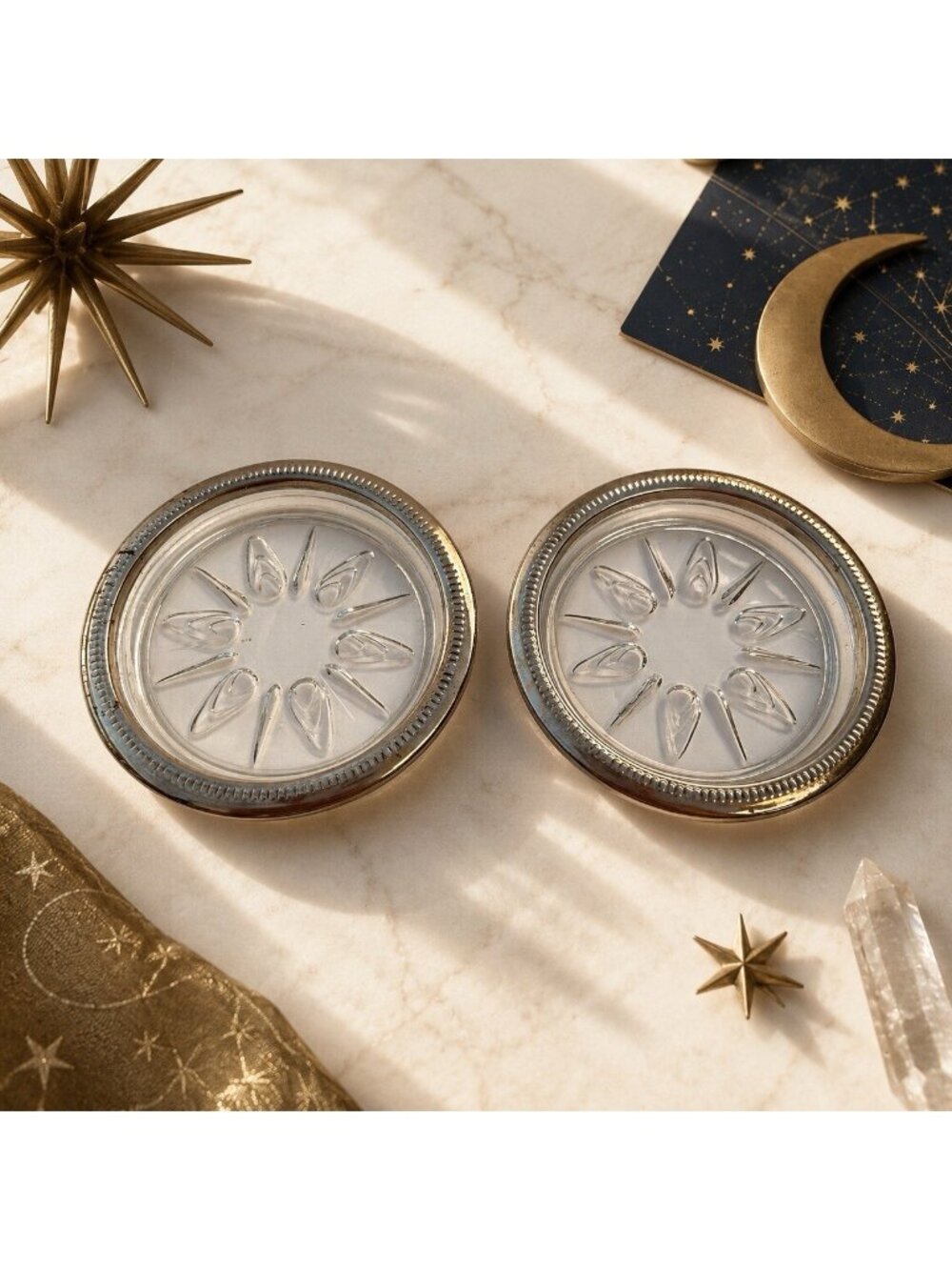 Vintage Silverplated Starburst Glass Candle Holders Coasters MCM Celestial
